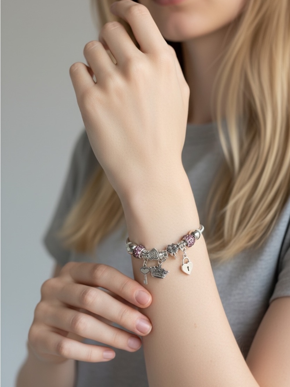 9/25 Silver Charm Bracelet with Pink Accents